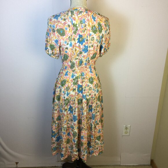 Playa Lucila Midi Fit & Flare Dress XS Womans Pink Blue Floral Short Sleeve Boho - Picture 3 of 14